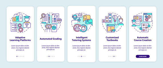 Automation of education onboarding mobile app screen set. AI walkthrough 5 steps graphic instructions pages with linear concepts. UI, UX, GUI template. Myriad Pro-Bold, Regular fonts used