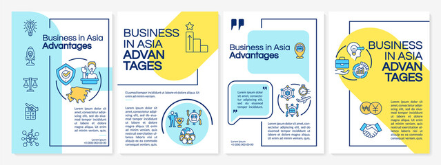 Business in Asia benefits blue and yellow brochure template. Booklet print design with linear icons. Vector layouts for presentation, annual reports, ads. Arial-Black, Myriad Pro-Regular fonts used