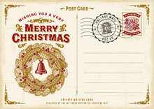 Vintage Merry Christmas Postcard. Editable EPS10 Vector Illustration In Retro Woodcut Style With Gradient Mesh And Transparency.