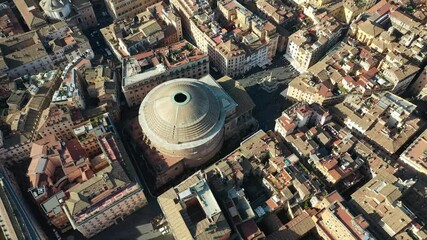 Wall Mural - Aerial drone video of iconic Pantheon basilica built as a temple to all the gods of ancient Rome, and rebuilt by the emperor Hadrian about 126 AD, Rome, Italy