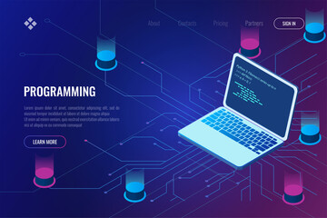 data science High speed technology concept. Vector landing page of a laptop with wireless fast internet.
