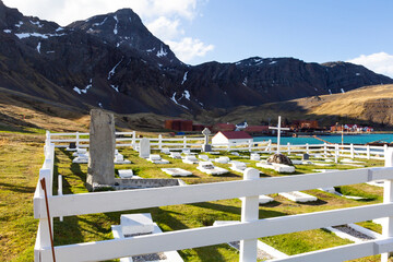 Sticker - Southern Ocean, South Georgia, King Edward Cove, Grytviken. A picture of the graveyard where Ernest Shackleton was buried.