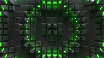 Wall Mural - endless 3d animation, abstract futuristic background with radial waves, geometric texture glowing with green light, polygonal matrix, cyber technology wallpaper