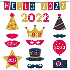 Wall Mural - Hello 2022, vector New Year party props