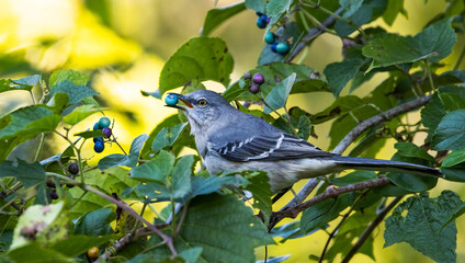 Poster - Closeup shot of a Northern mockingbird perched on a tree branch