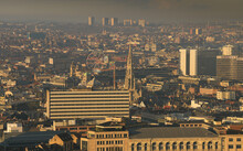 Brussels From Above. Sky View Over The Most Well Known Places In The City. Grand Place Among Them. Panoramic View With The European Capital City From Belgium In Sunset Light.