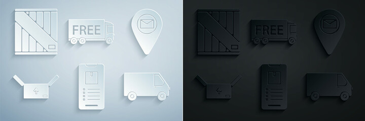 Poster - Set Mobile phone with app delivery tracking, Placeholder map paper, Cardboard box traffic symbol, Delivery cargo truck vehicle, Free service and Wooden icon. Vector