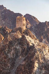 Sticker - Middle East, Arabian Peninsula, Oman, Muscat, Muttrah. Fortified tower on a mountain above Muttrah.