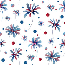 Seamless Pattern With Stylized Simple Flowers Isolated On White Background. Hand-drawn Watercolor Illustration In Cool Tones Perfect For Wallpaper, Textile, Fabric, Wrapping Paper.