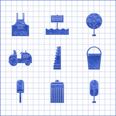 Sticker - Set Garden saw, Trash can, Tree, Bucket, trowel spade or shovel, Tractor, and Kitchen apron icon. Vector