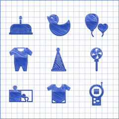 Wall Mural - Set Party hat, Baby onesie, Monitor Walkie Talkie, Lollipop, Piece of puzzle, clothes, Balloons in form heart and Cake with burning candles icon. Vector