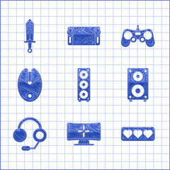 Poster - Set Stereo speaker, Computer monitor, Like and heart, Headphones, mouse gaming, Gamepad and Sword for game icon. Vector