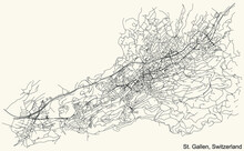 Detailed Navigation Urban Street Roads Map On Vintage Beige Background Of The Swiss Regional Capital City Of St. Gallen, Switzerland