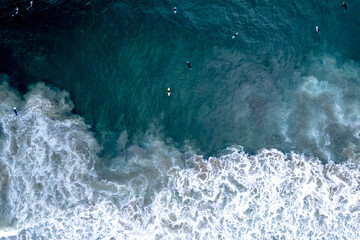 Poster - Aerial view of surfers riding the waves in Newport Beach, California