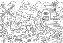 Happy Farm Big Coloring Page. Linear Poster With Mill, Cow, Sheep, Barn And Harvest. Design Element For Coloring. Stress Relief For Children And Adults. Cartoon Modern Flat Vector Illustration