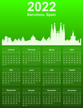 Green Stylish 2022 Year Calendar With Cityscape Panorama Of The City Of Barcelona, Spain