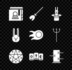 Poster - Set Ancient magic book, Witches broom, Magician hat and rabbit, Pentagram in circle, Three tarot cards, Trunk for tricks, Rabbit with ears and Fireball icon. Vector