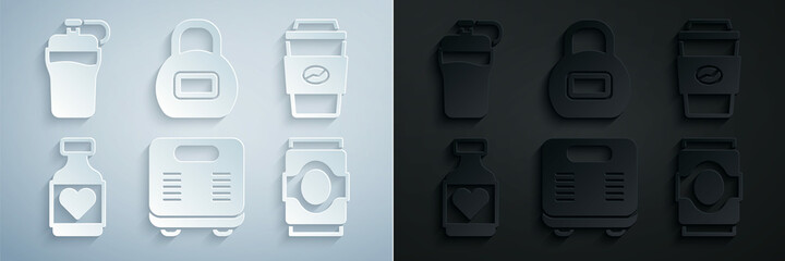 Wall Mural - Set Bathroom scales, Coffee cup to go, Vitamin pill, Soda can, Kettlebell and Fitness shaker icon. Vector