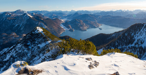 Sticker - View towards lake Walchensee and Karwendel mountain range. View from Mt. Herzogstand near lake Walchensee. Germany, Bavaria