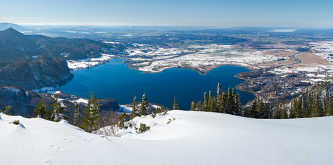 Sticker - View towards lake Kochelsee and the foothills of the Alps near Munich. View from Mt. Jochberg near lake Walchensee during winter in the Bavarian Alps. Germany, Bavaria