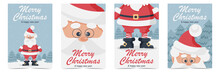 Set Of Christmas And New Year Cards. Cute Santa Claus With Glasses, In His Red Suit With Stocking Cap And Black Boots Wishes Merry Christmas And Happy New Year. Flat Vector Illustration.