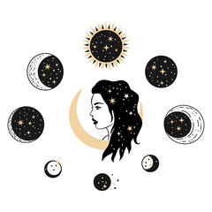 Wall Mural - Woman moon celestial astrology boho esoteric magic print - Spiritual star tattoo