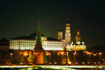 Wall Mural - Beautiful and famous night view of Moscow Kremlin Palace and Churches, Russia