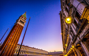 Sticker - Evening lights Campanile Bell Tower, Doge's Palace, Saint Mark's Square in Venice, Italy. Bell Tower was first erected in 1173.