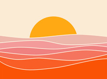 Retro Abstract Sunset Landscape 70's Style Mid Century Modern Graphic Design Vector, Pink And Red Vintage Illustration, Colorful Minimal Art Deco Gradient Striped Pattern, Fun Pretty Poster Background