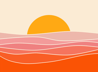 retro abstract sunset landscape 70's style mid century modern graphic design vector, pink and red vi