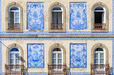 Sticker - Europe, Portugal, Aveiro. Tiled facade and windows on house.