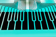 Luminous analog blue piano keyboard. Close-up midi synthesizer. Musical instrument synth circuit board.