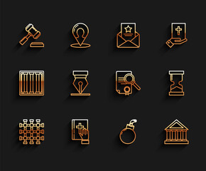 Sticker - Set line Prison window, Oath the Holy Bible, Judge gavel, Bomb ready to explode, Courthouse building, Fountain pen nib, Old hourglass and Document with search icon. Vector