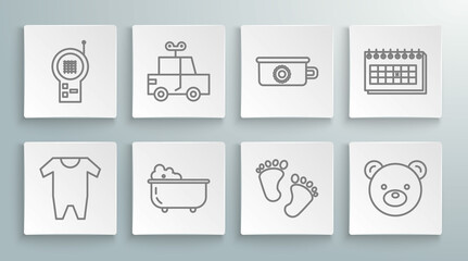 Canvas Print - Set line Baby clothes, Toy car, bathtub, footprints, Teddy bear plush toy, potty, Calendar and Monitor Walkie Talkie icon. Vector