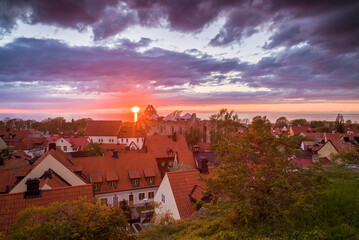 Poster - Sweden, Gotland Island, Visby, high angle city view, dusk