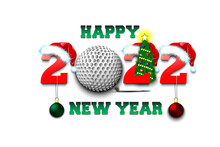 Happy New Year. 2022 With Golf Ball. Numbers In Christmas Hats And Christmas Tree Ball. Original Template Design For Greeting Card. Vector Illustration On Isolated Background