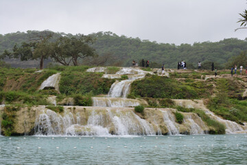 Sticker - Beautiful waterfall on the background of trees and a group of people under a gray sky