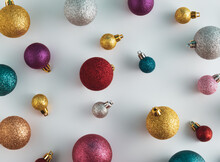 Christmas Background Pattern Made Of Various Christmas Baubles. Colorful Christmas Balls. New Year Holiday Concept. Flat Lay.