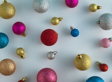 Christmas Background Pattern Made Of Various Christmas Baubles. Colorful Christmas Balls. New Year Holiday Concept. Flat Lay.