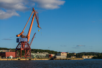 Poster - Sweden, Vastragotland and Bohuslan, Gothenburg, shipyard crane, city skyline