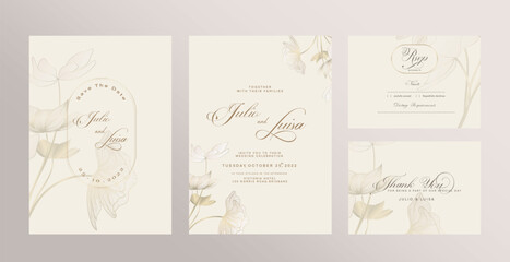 Wall Mural - Wedding Invitation Set with Save the Date, RSVP, Thank You Card. Vintage Wedding invitation template with Golden Flower