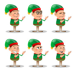 Wall Mural - Christmas Elf showing something with both hands, powerful hand gesture. Vector cartoon character illustration of Santa Claus's little worker, helper.