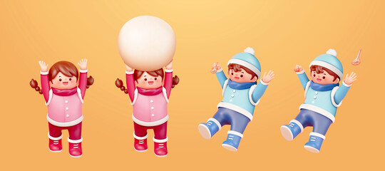 Wall Mural - 3D Cute boy and girl in winter wear