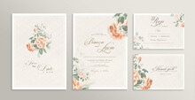 Wedding Invitation Set With Save The Date, RSVP, Thank You Card. Vintage Wedding Invitation Template With Orange Rose