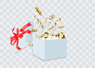 Open gift box with confetti burst explosion isolated. 3d vector background.