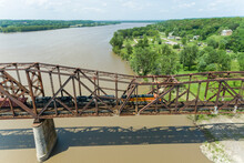 Freight Train On Union Pacific Railroad Crossing The Mississippi River On The Thebes Bridge Thebes, Illinois
