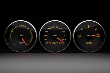 Wall Mural - 3D illustration close up black speedometer with cutoffs 2021,2022 and calendar months. The concept of the new year and Christmas in the automotive field. Counting months, time until the new year.