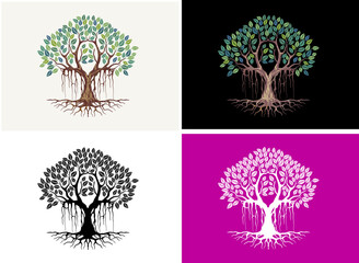 banyan tree illustrations in four color variants