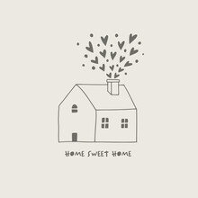 Hand Drawn Illustration Of Little House With Lots Of Hearts