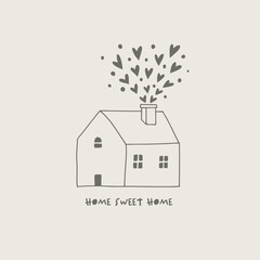 Hand drawn illustration of little house with lots of hearts